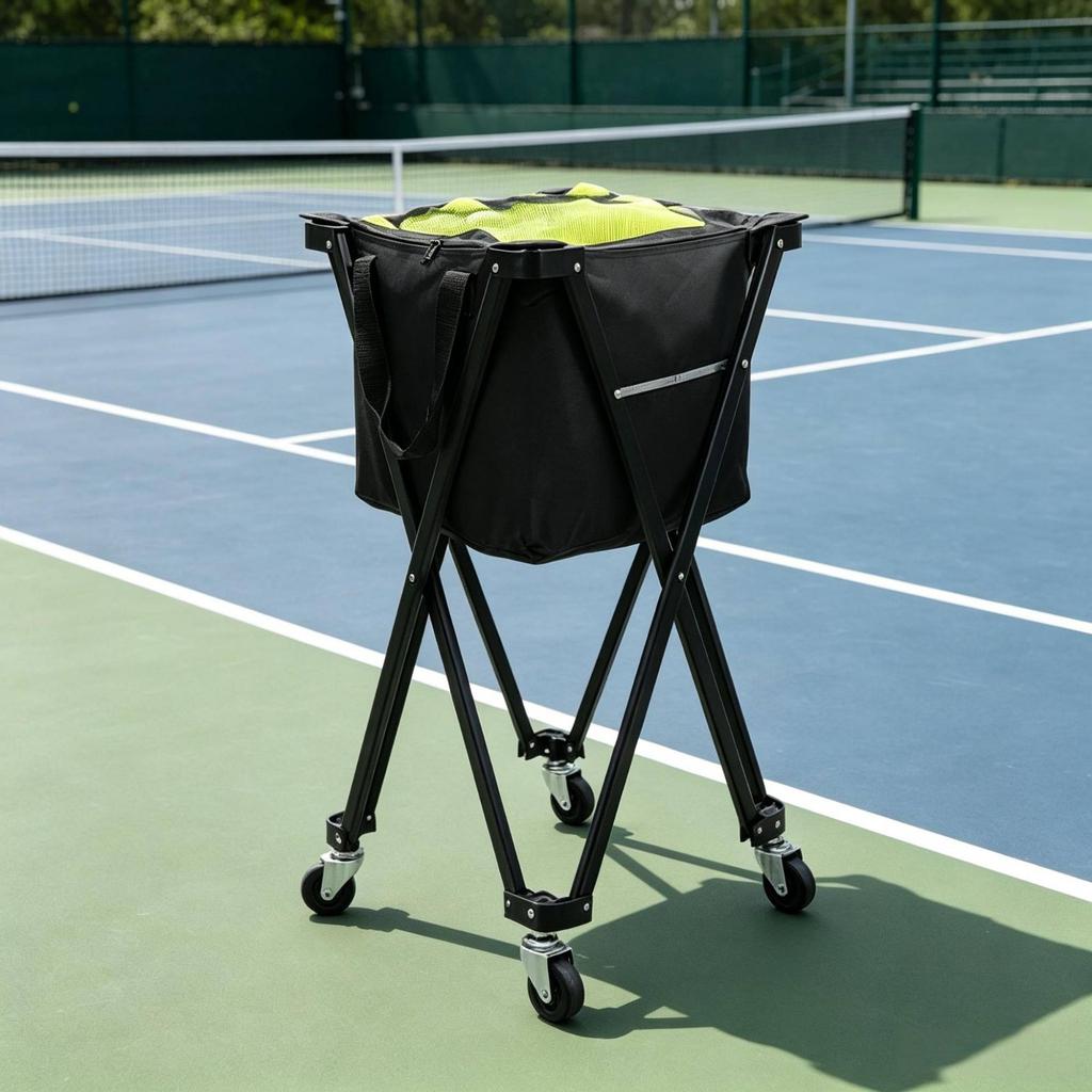 Pickleball Carrier With Wheels Tennis Ball Carrier Folding Ball Trolley Sturdy Wheeled Tennis Basket Large Capacity For Training
