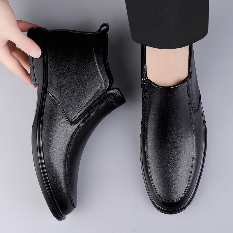 Fashion Luxury Brand Men Chelsea Boots Genuine Leather Winter Plush Ankle Boots Men's Dress Shoes Business British Style Casual Boots
