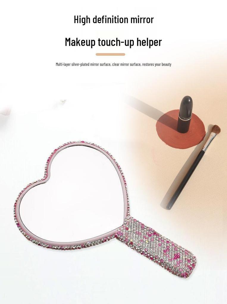 High-Quality Heart-Shaped Crystal Handle Rhinestone Makeup Mirror