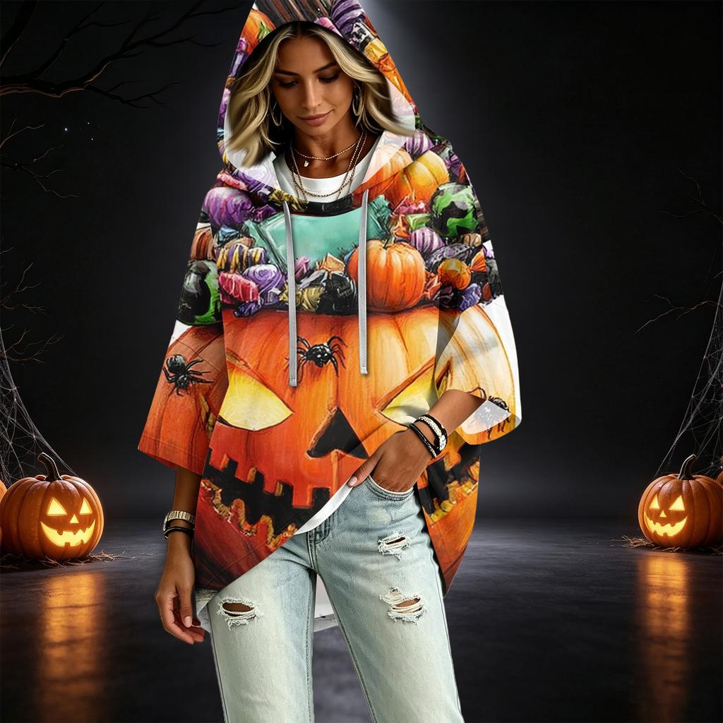 Women's Fashionable Three-Quarter-Sleeve Halloween-Printed Hooded Pullover