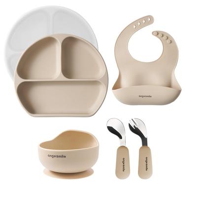Ange Smile Silikon Sofra Yemek Vantuzlu Bebek Kaşığı Yemek Bej Seti, 6 Parça Set, Tabak, Kase, Devrilmez, Bardak, Sofra Takımı, & Çatal, Önlük,