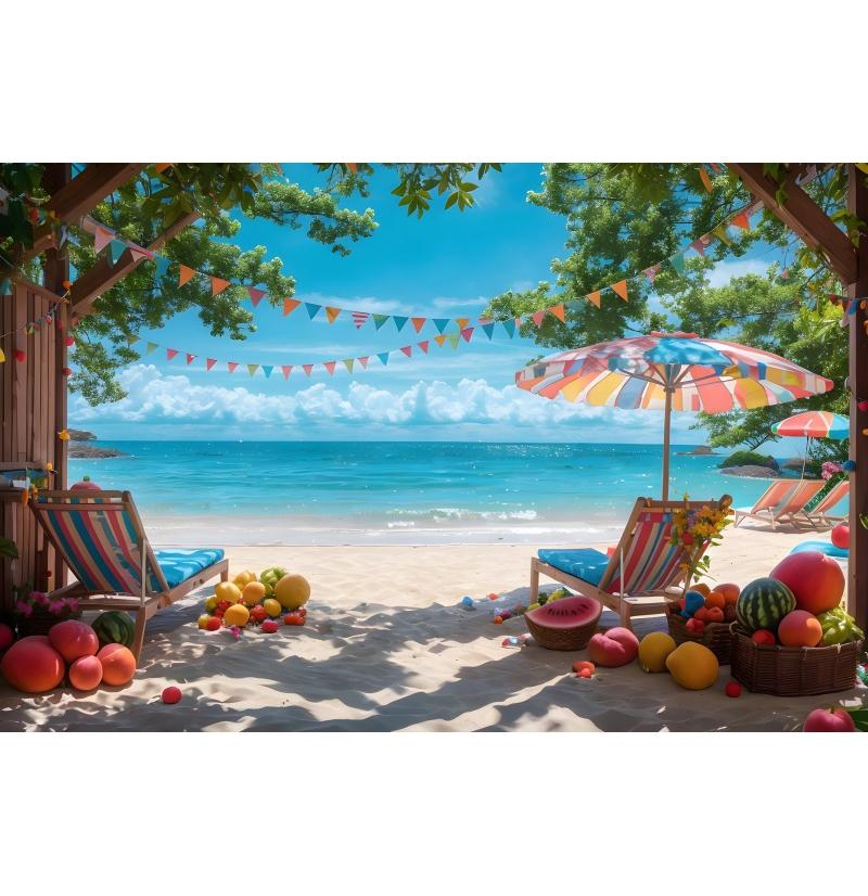 Summer Seaside Party Backdrops For Photography Tent Fruits Beach Palm Trees Holiday Camping Party Background Decor Photo Studio