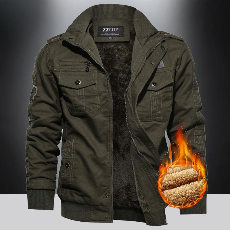 Men's Fleece Jackets Windbreaker Coats Fall Winter Thermal Bomber Jackets Multi-pockets Stand Collar Motorcycle Jacket