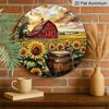 2D Flat, 1pc Classic Metal Aluminum Sign, Featuring Red Barn And Sunflowers In A Field, Round Wall Art for Front Door, Porch, Yard, Patio, Garden