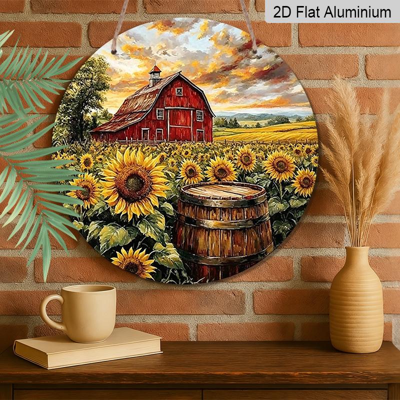 2D Flat, 1pc Classic Metal Aluminum Sign, Featuring Red Barn And Sunflowers In A Field, Round Wall Art for Front Door, Porch, Yard, Patio, Garden