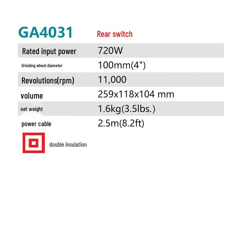 Makita 720W 100mm Angle Grinder CN plug (adapter included)