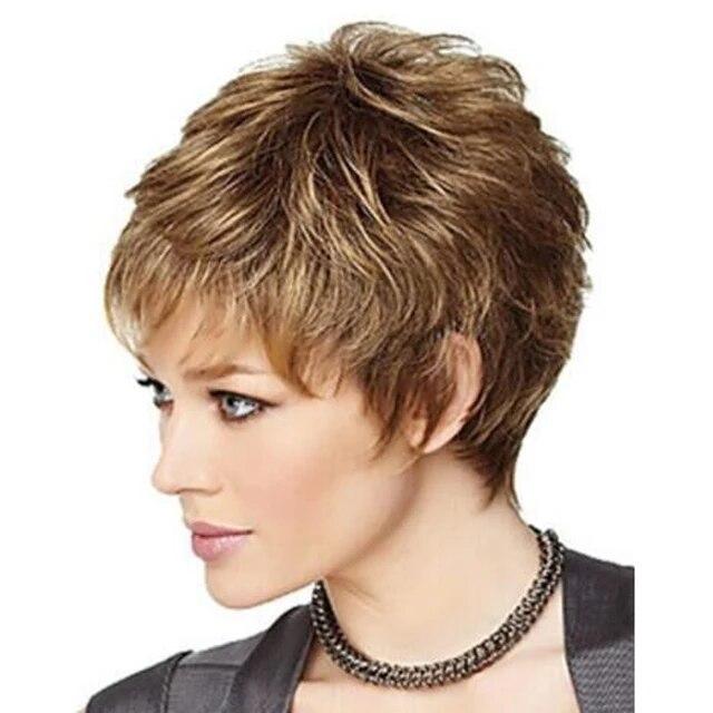 Women Straight Bangs Style Pixie Cut Synthetic Hair Wig Brown Mixed Short Wigs Machine Made