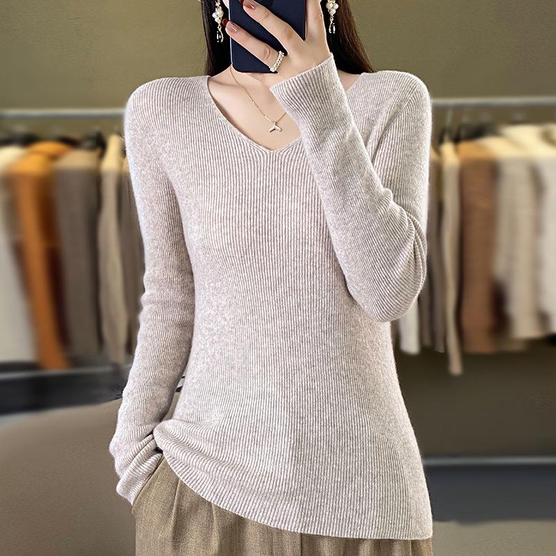 2024 Spring/Autumn Women's Slim Fit V-Neck Long Sleeve Knitwear - Korean Style Trendy Base Layer
