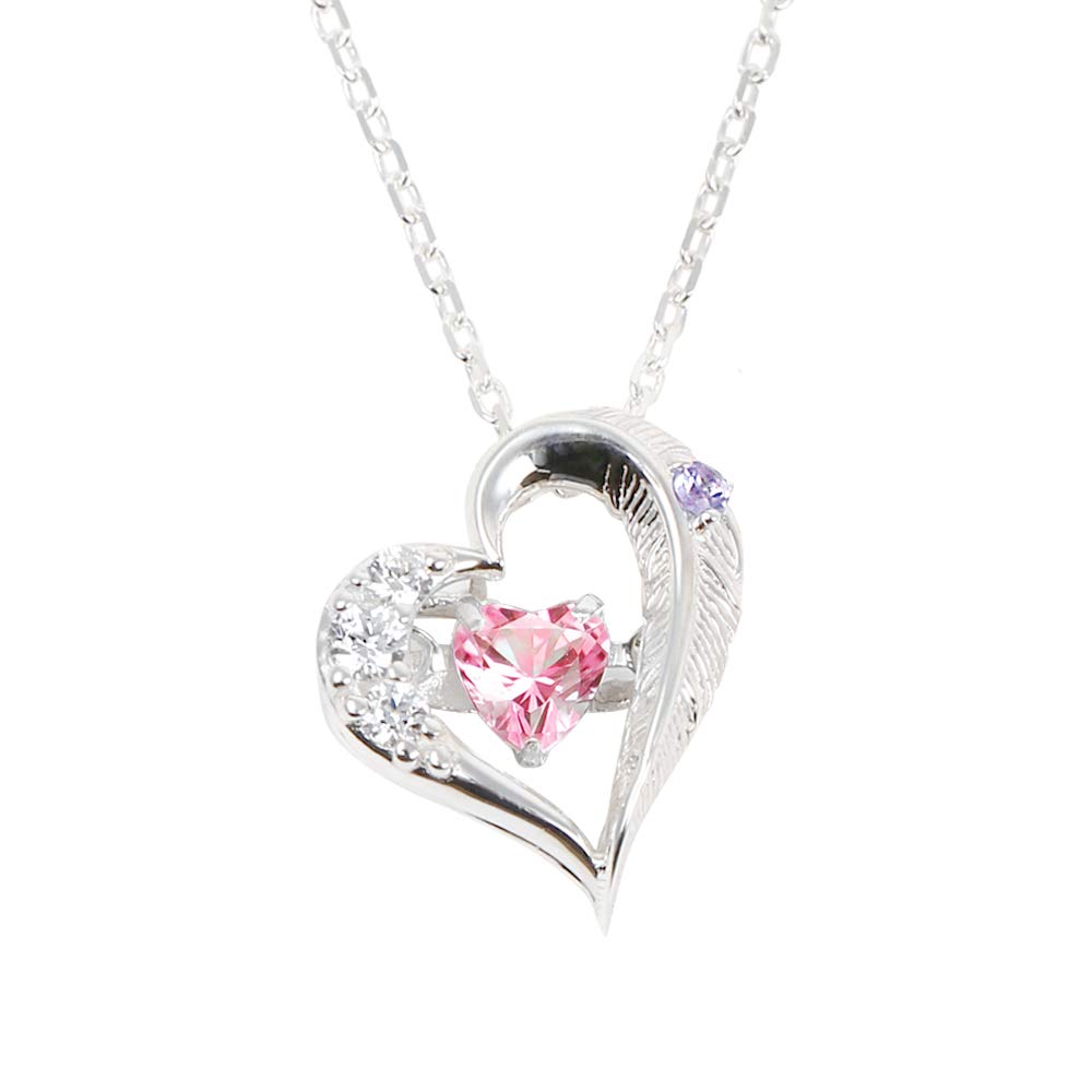 Necklace for Dancing Choice of Birthstone [Future Angel] Women, Heart, Feather, Stone, Silver, [Baby Pink] (December Tanzanite)