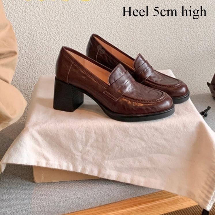 

Leather Loafers Woman Small Leather Shoes 8CM Thick Heel High Heel Single Shoes Women s Autumn New Retro Leather High Heels 40