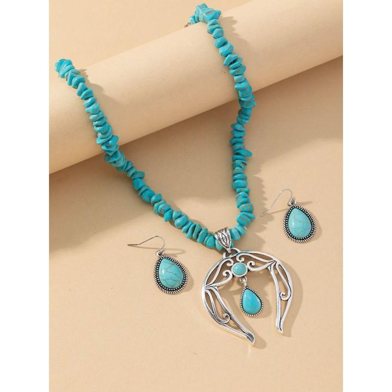 Vintage Turquoise Drop Necklace Earring Set Bohemian Retro Alloy Jewelry Women Men Water Wave Chain