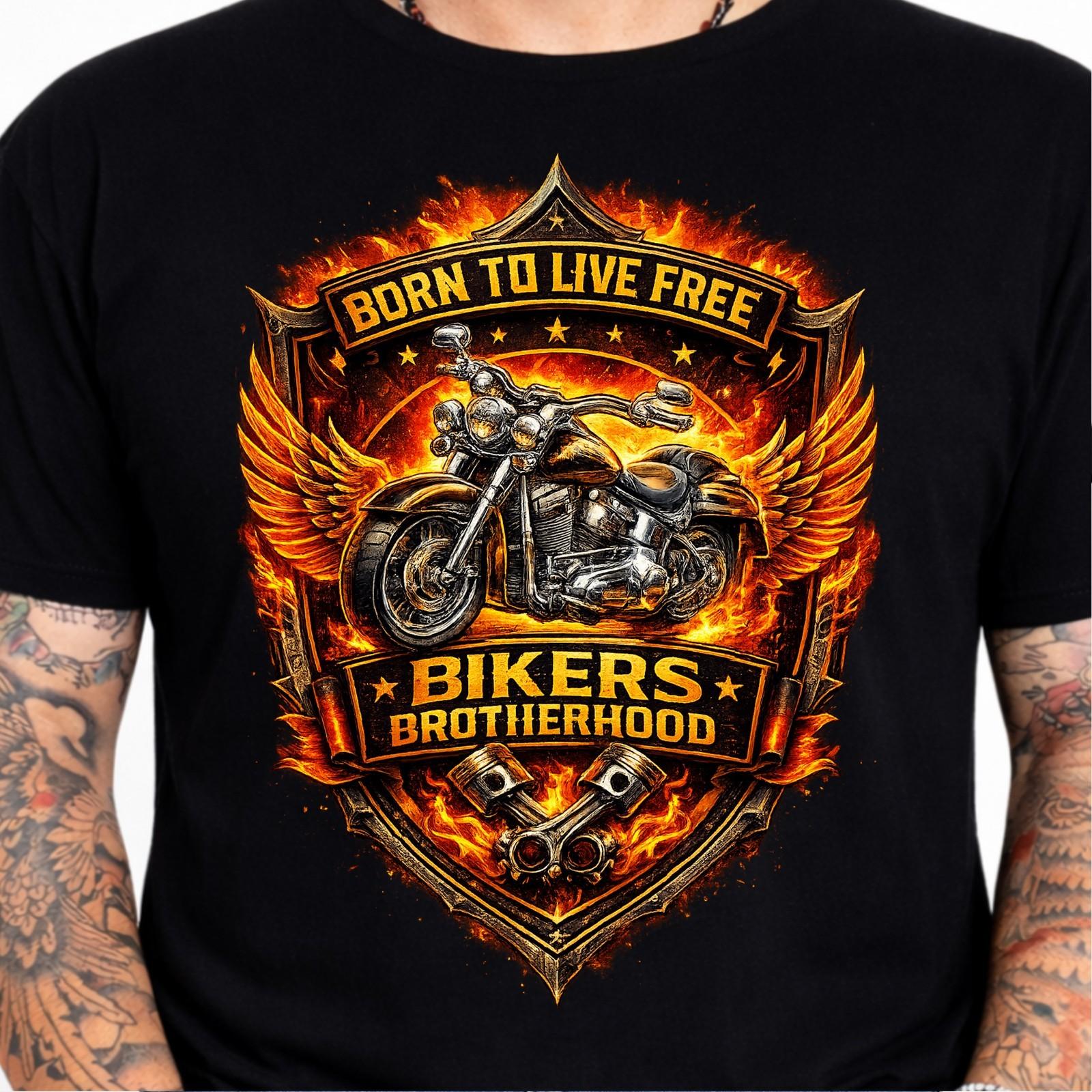 Born To Live Free Bikers Brotherhood Motorcycle Flames Wings Graphic T-Shirt XXXL