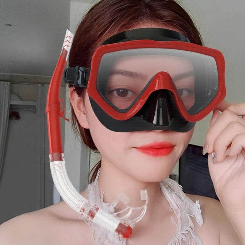 Leakproof Silicones Diving Mask Set with Foldable Dry Snorkel Adjustable Head Straps for Swimming Snorkeling Activity