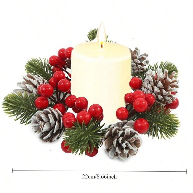 2Pcs Artificial Pinecone Christmas Wreath, Christmas Floral Candle Holder, Tabletop Home Decor Ornament, Festive Atmosphere Decoration