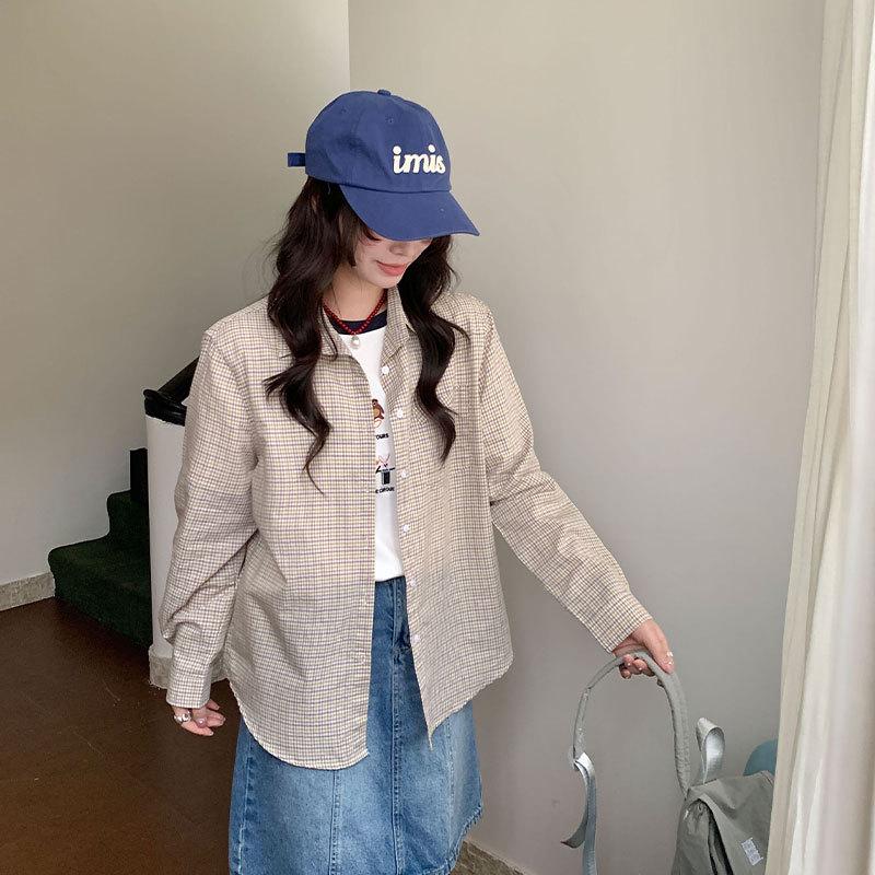 Thirteen Rows Plaid Lapel Long Sleeve Loose Cardigan Shirt - Korean Spring Style One Size