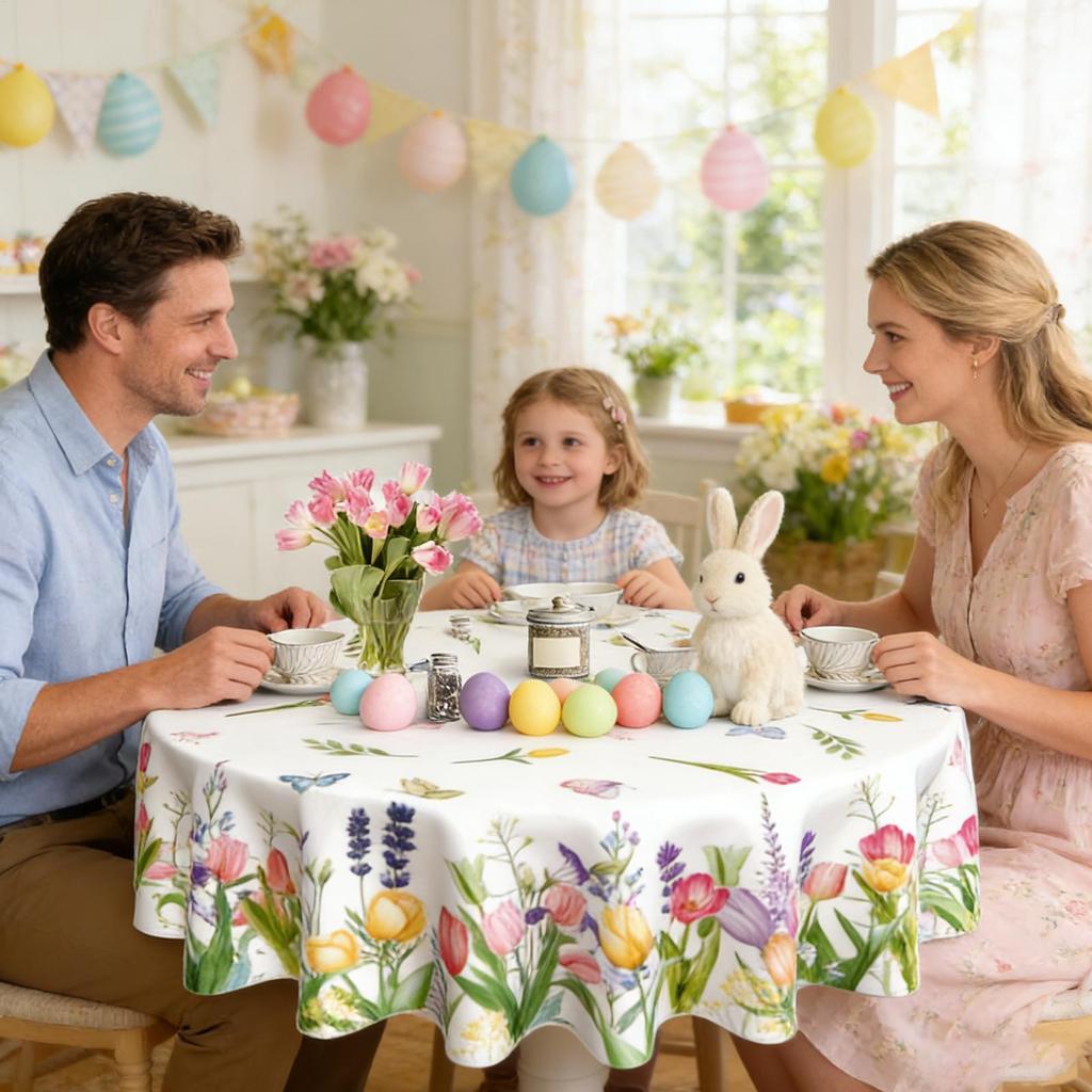 Floral Table Cloth 70 Inch Washable Fabric Spring Decor Circle Easter Tablecloths Protector for Home Farmhouse Apartment Hotel