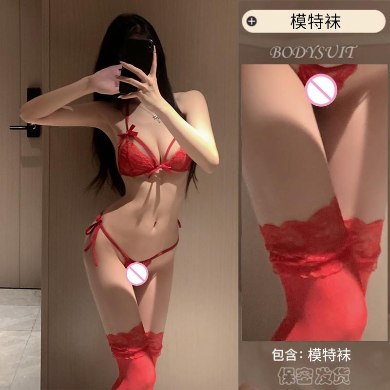 Sexy porn underwear, lace temptation three -point gathered bras underwear transparent sexy sexy pajamas suit