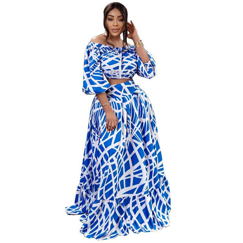 MY963 Womens Plus Size Floral Print Two-Piece Set Long Sleeve A-Line Maxi Skirt Outfit Casual Dressy Ensemble
