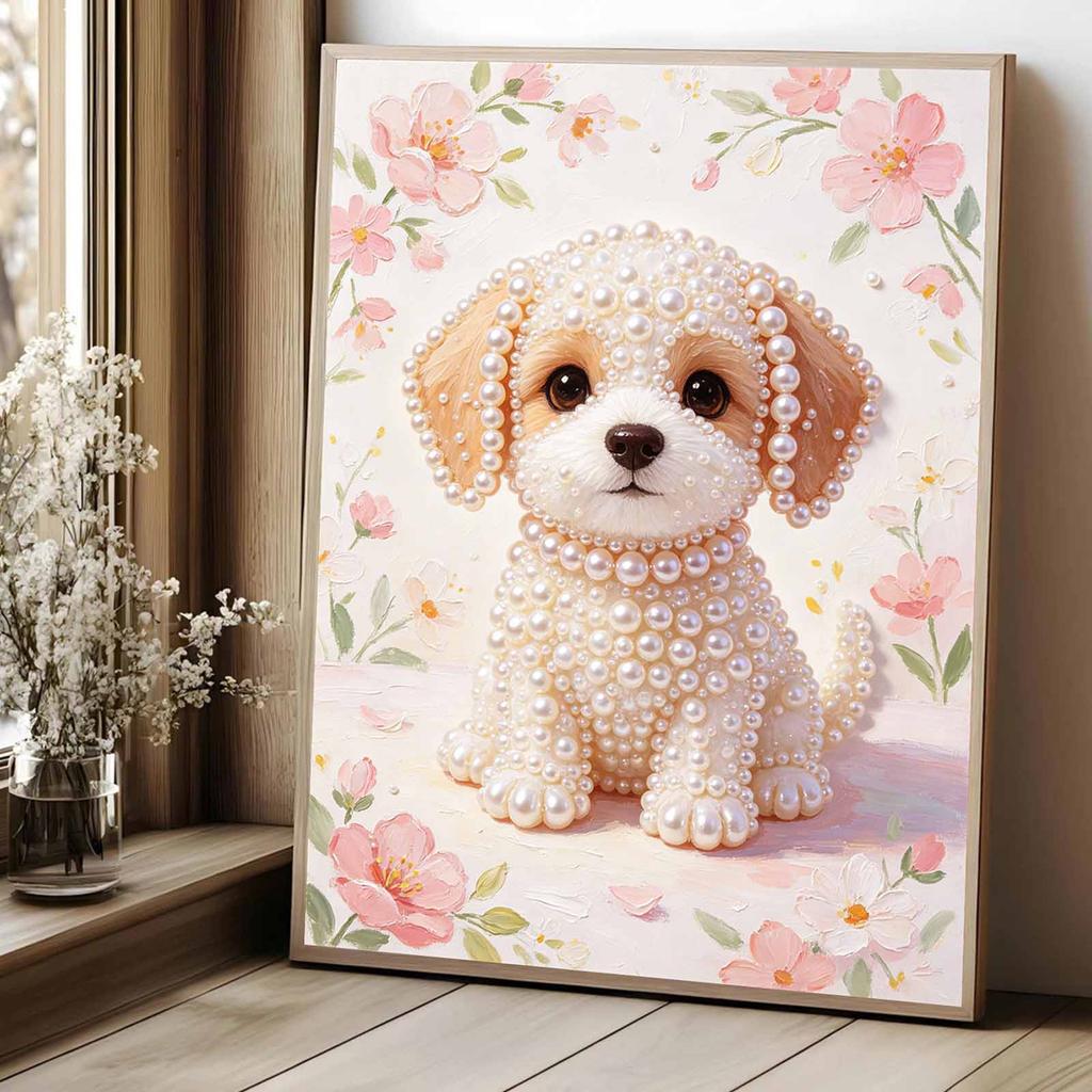Gerahmtes Perlenmalerei-Set Niedlicher Welpe Blumig DIY 3D Perlen Leinwandkunst Kreatives Freizeit-Basteln Heimdekoration Wandbehang Dekoration Geschenkidee