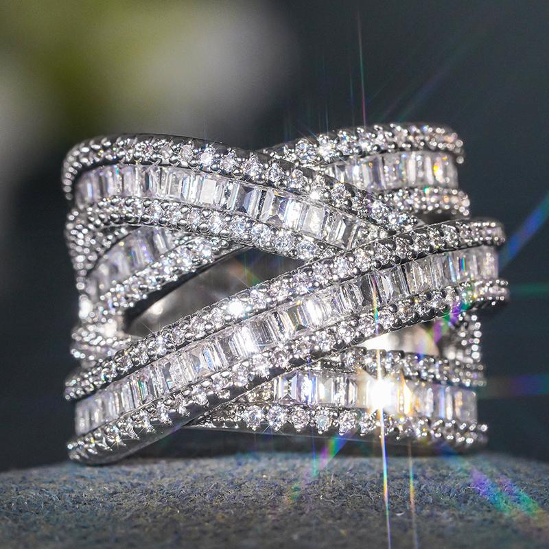 Huitan Luxury Women Cross Design Ring Full Sparkling Cubic Zirconia Fashion Party Finger Accessories for Lady Wedding Jewelry