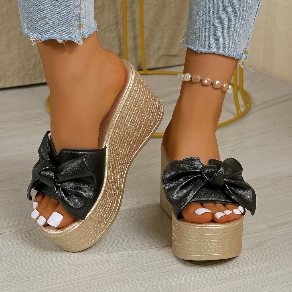 Fashion Women Wedges Sandals Flower Round Headed Solid Color Sandals Women Summer Beach Platform Shoes Large Size High Heels Slippers