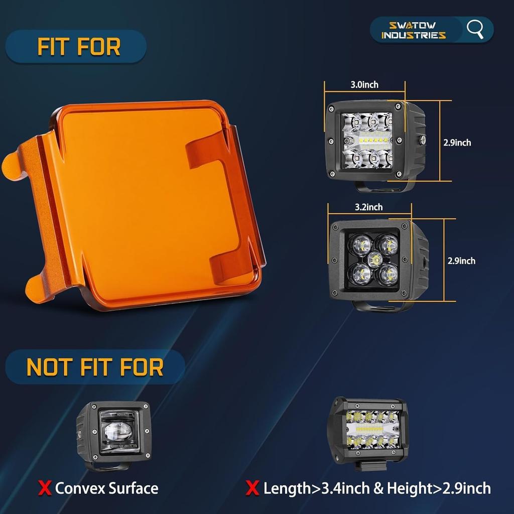 2PCS Pod Light Covers Amber 3 Inch LED Light Bar Cover Amber LED Pods 3X3 Square Work Lights Cube Covers Ditch Pods PC Lens Cover