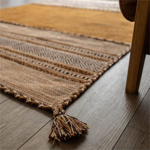 Sayan Sayan Geometric Rug, Indian Kilim, 190x190cm, 2 Tatami Mats, Beige, Indian Cotton