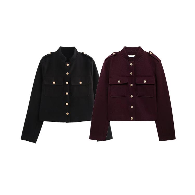 European and American Women's Retro Stand Collar Double-Breasted Short Jacket