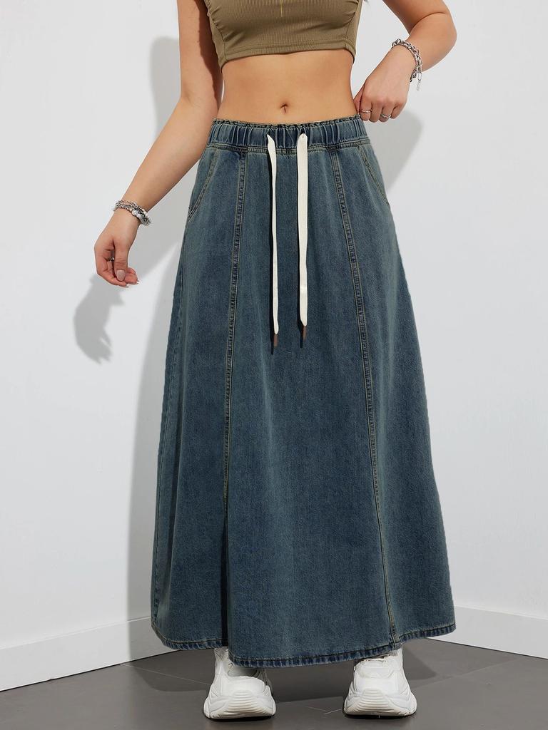 Women's Casual Elastic High Waist Loose A-Line Long Flared Denim Skirt