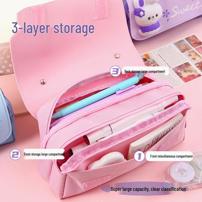 Large Capacity Cute Rabbit Pencil Case - Girly Heart Design, Stress Relief Bag for Primary School Students
