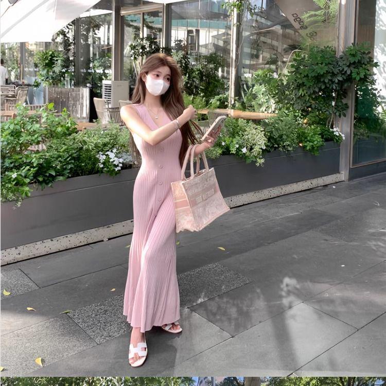 Elegant Ice Silk Sleeveless Tank Dress with Waist-Hugging Fit for Women