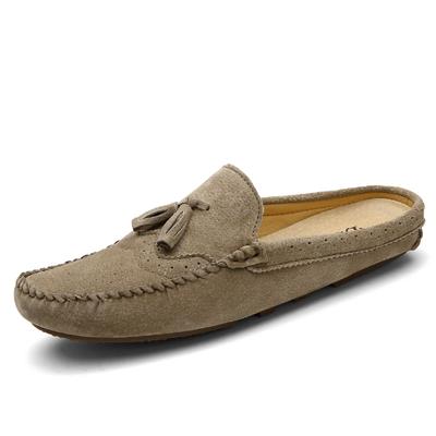 Semišové kožené ručně vyráběné polobotky pro muže, nazouváky, letní mokasíny, pantofle, nazouváky, mužské ploché sandály, polopřevlečné, 2025