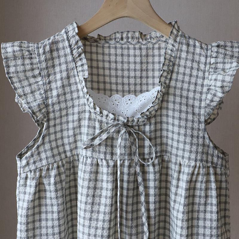 2025 Korean Style Sleeveless Plaid Lace-Trim Tie Top 3998