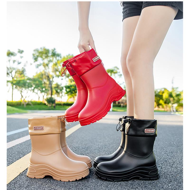 Rain Boots Women's Short Tube Rubber Shoes Adult Non Slip Water Boots Thick Soled Water Plus Velvet Short Thick Rain Women