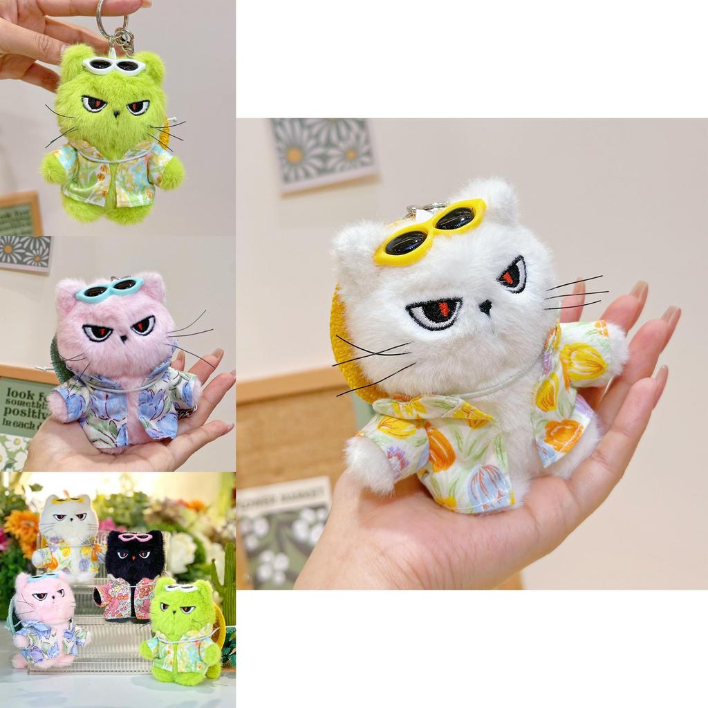 Cute Cat Plush Keychain With Flower Shirt And Sunglasses Design For Key Holder And Accessory