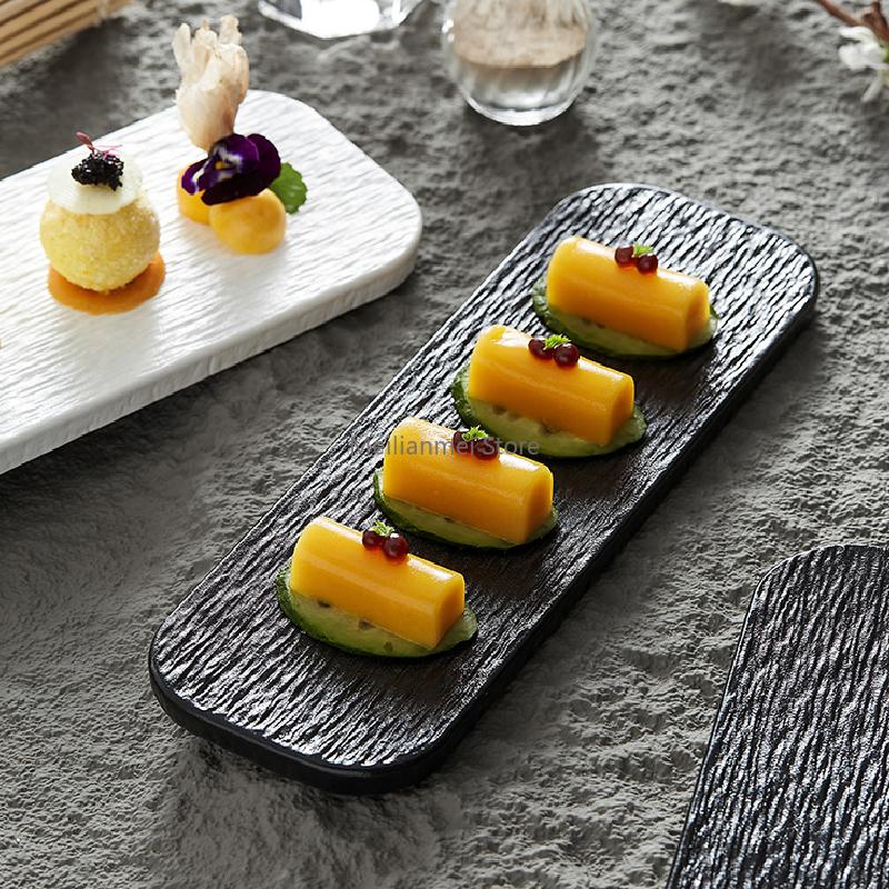 Schwarz/weißer rechteckiger Keramikteller, Marmorkeramikgeschirr, Sushi-Sashimi-Teller, Küchengeschirr, mattiertes Keramiktablett