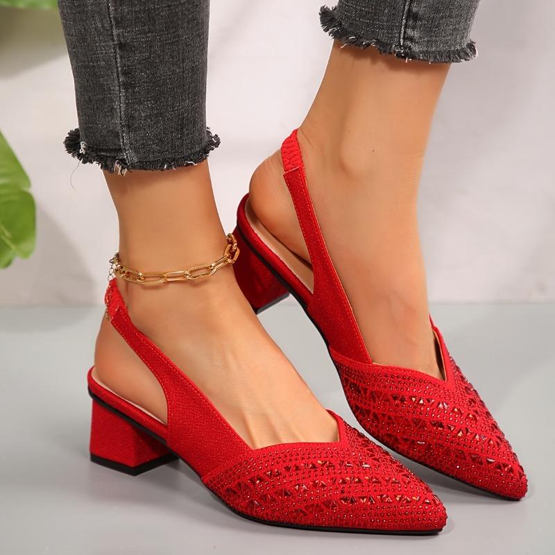 

Large size rhinestone pointed low heel single shoes women s shallow mouth metal texture dancing work shoes 43 червоний