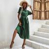 Women's Casual Crew Neck Polka Dot Printed Pleated Dress Short Long Sleeve Tie Spring Summer Mediumn