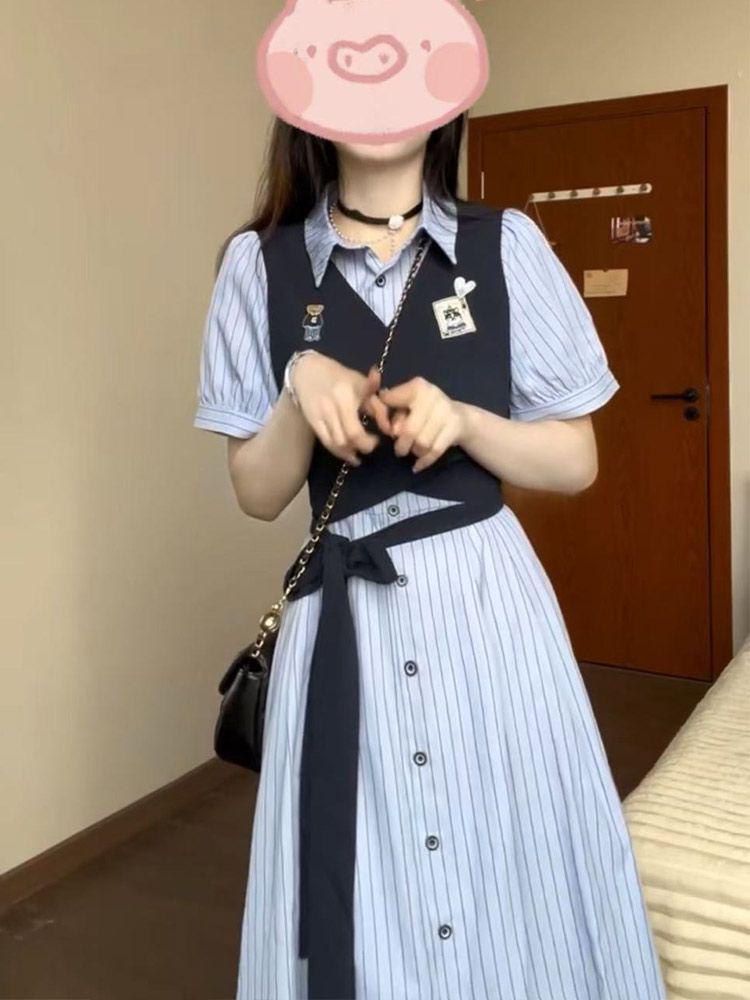 Korean Style Striped Patchwork Two-Piece Dress for Women - Summer Mid-Length Skirt