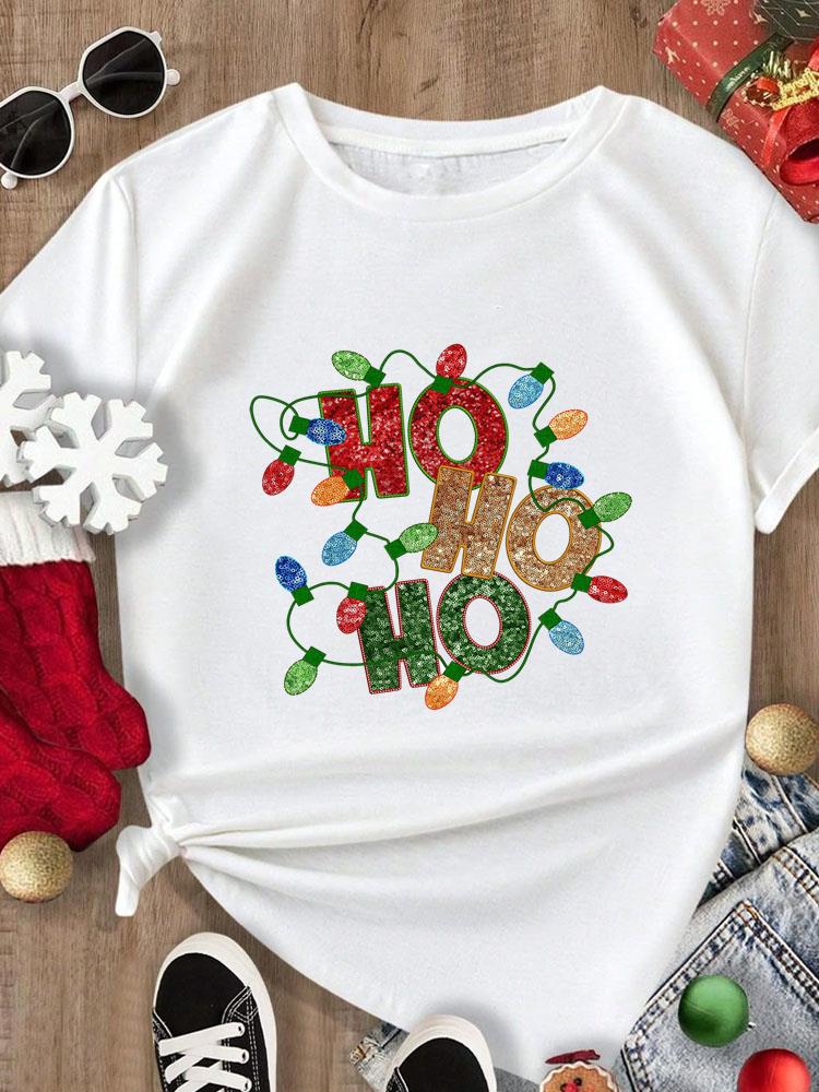 (Asian Size) Tee Merry Christmas New Year Holiday Top festival Casual tree letter style Women Print Lady Short Sleeve Fashion Graphic T-shirts