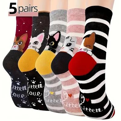 5 Pairs of Women'S Cute Cartoon Cat and Dog Socks. Christmas Socks. Novel Socks. , Breathable, Comfortable, Versatile and Stretchy. A Gift for Women.