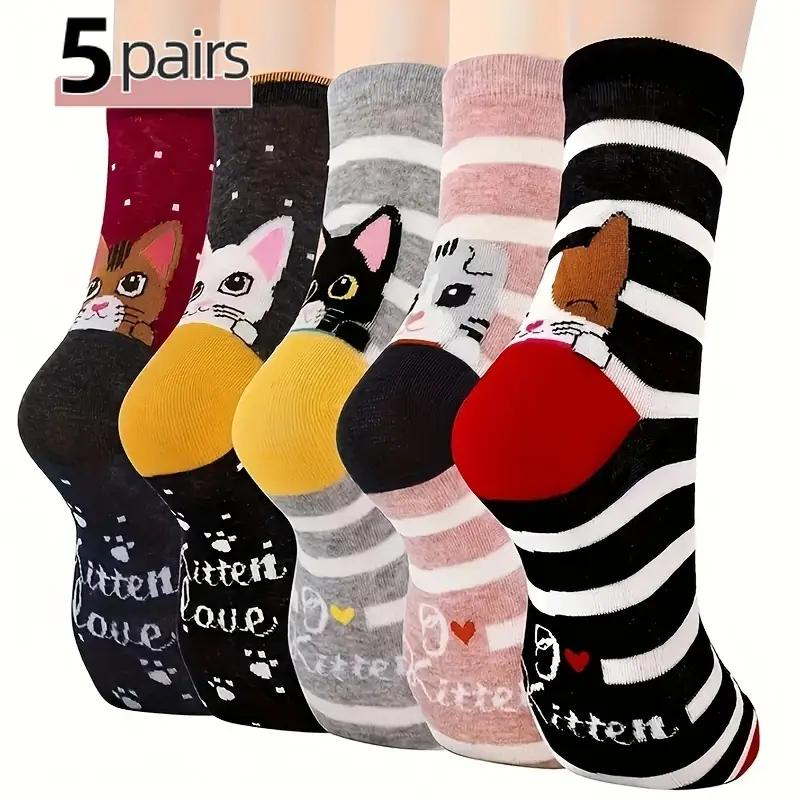 

5 пар женских милых носков с мультяшными кошками и собаками. Рождественские носки. Носки-новинки. , Дышащий, Удобный, Универсальный и Эластичный. Подарок для женщин. 5 pairs