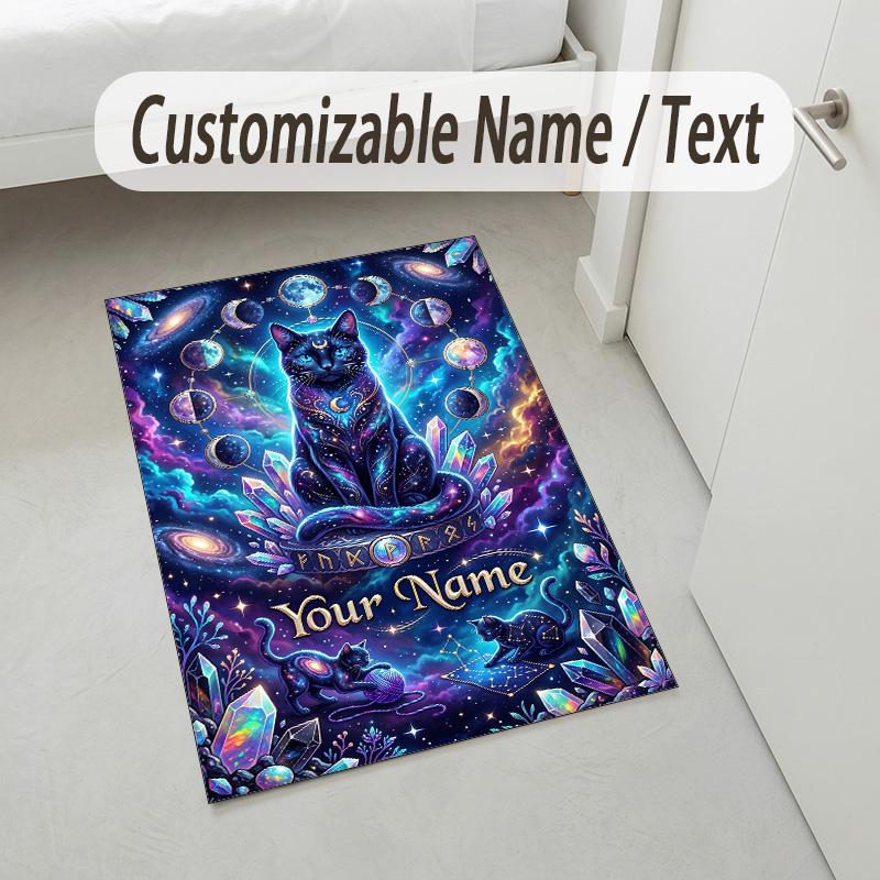 Cosmic Cat Theme Soft Crystal Velvet Rug Custom Name & Text Print Non Slip Floor Rug for Bedroom Living Room