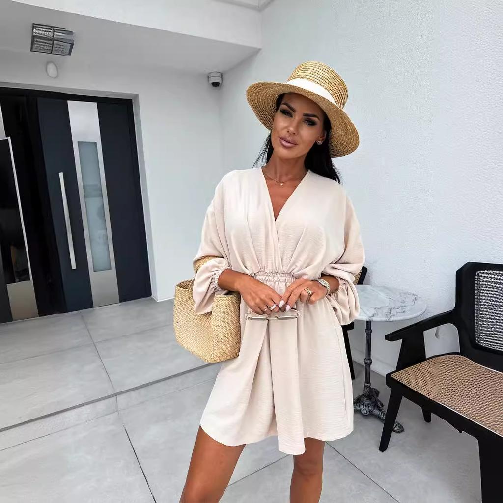 Spring and Autumn Women's Long Sleeve V-Neck Waisted Big Swing Dress