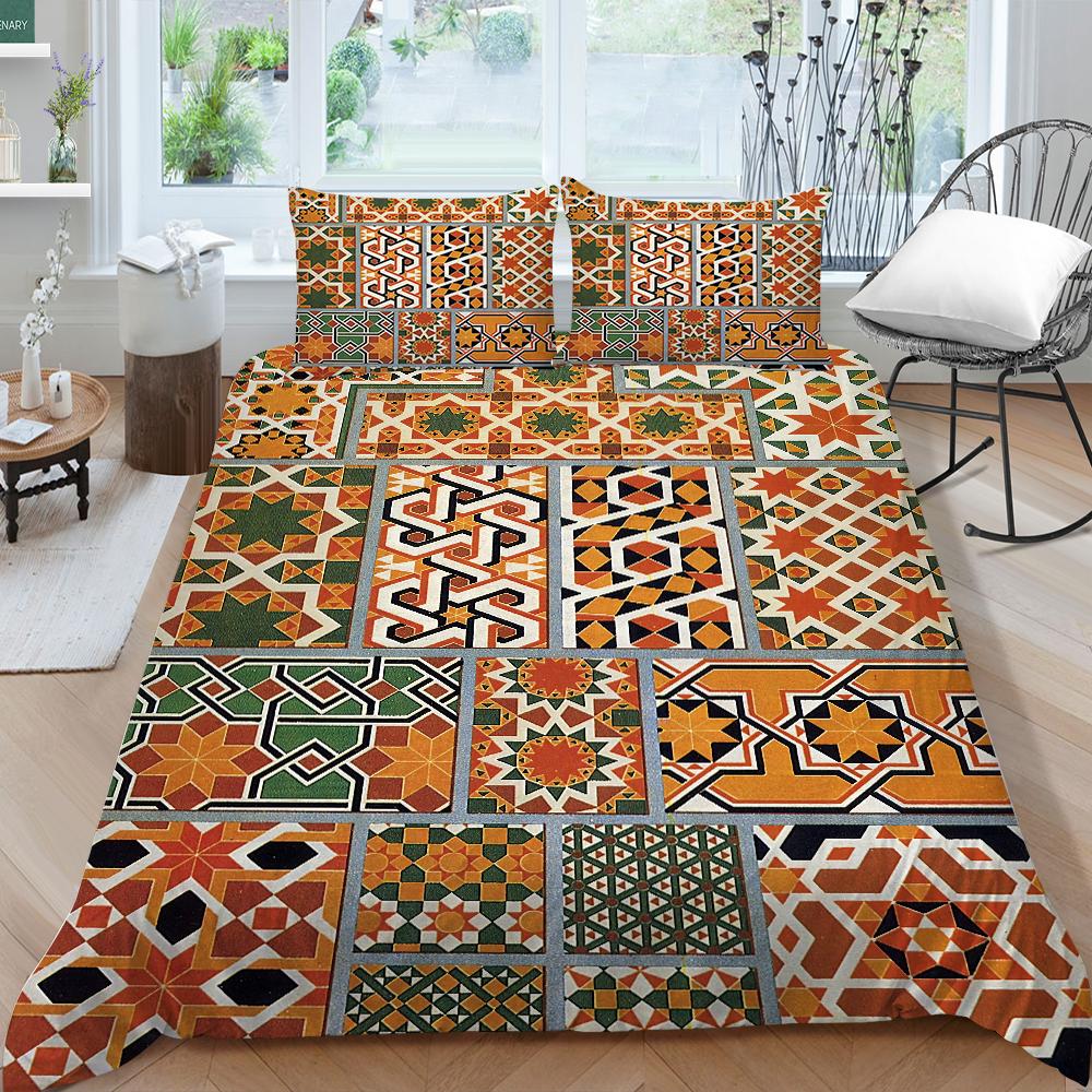 3D Family Bedding Single Double Bed Full Size Vintage Graphic Printed Bedding Geometric Pattern Pillowcase and Quilt Cover Washable Home Decoration