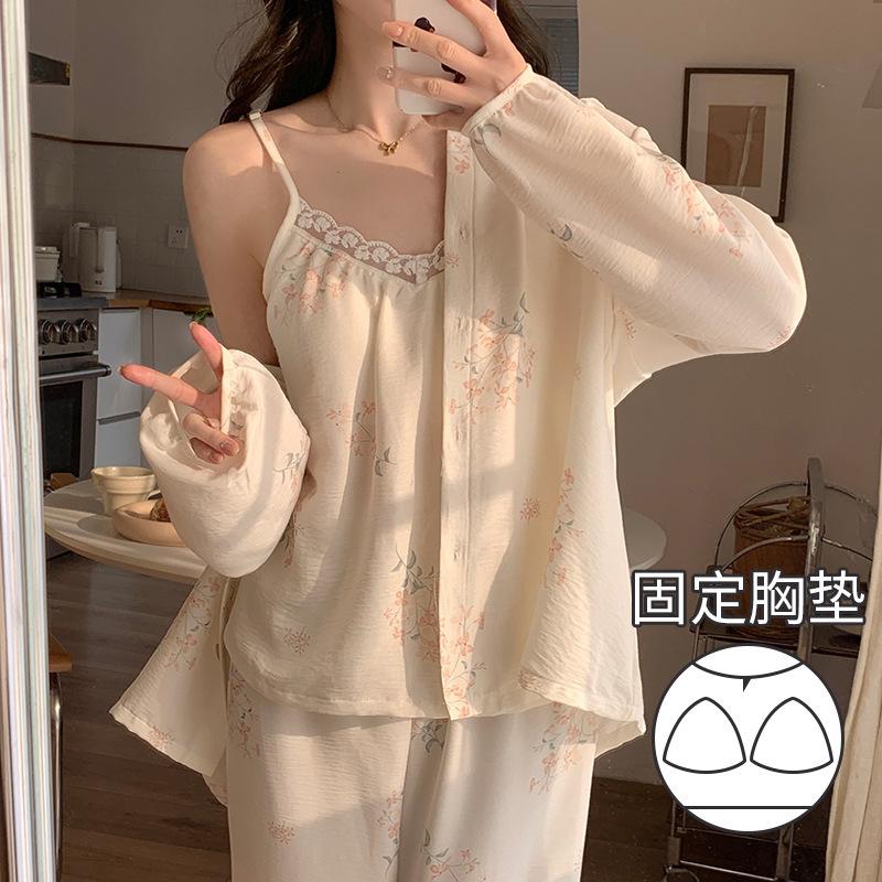 

Spring and summer new pajamas women s three-piece long-sleeved trousers new Chinese suspender printing with chest pad national style spot XL