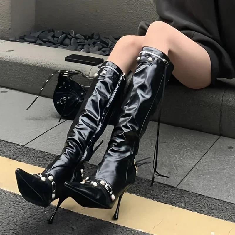 Fashion New Women Knight High Boots Fashion Tassels Side Zippers Ladies Elegant Pointed Toe Long Booties Women's Footwear