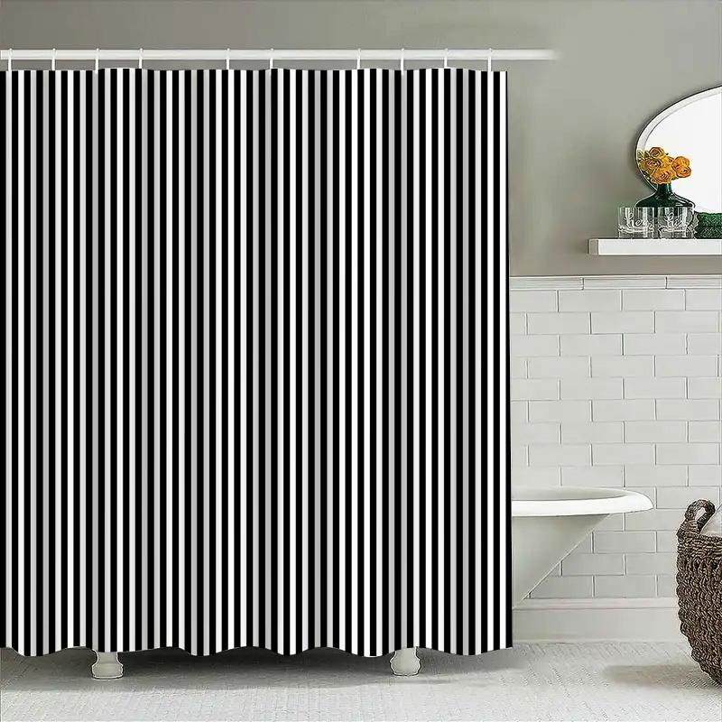 Black And White Striped Waterproof Shower Curtains With A Water Repellent Coating For Bathroom Decor