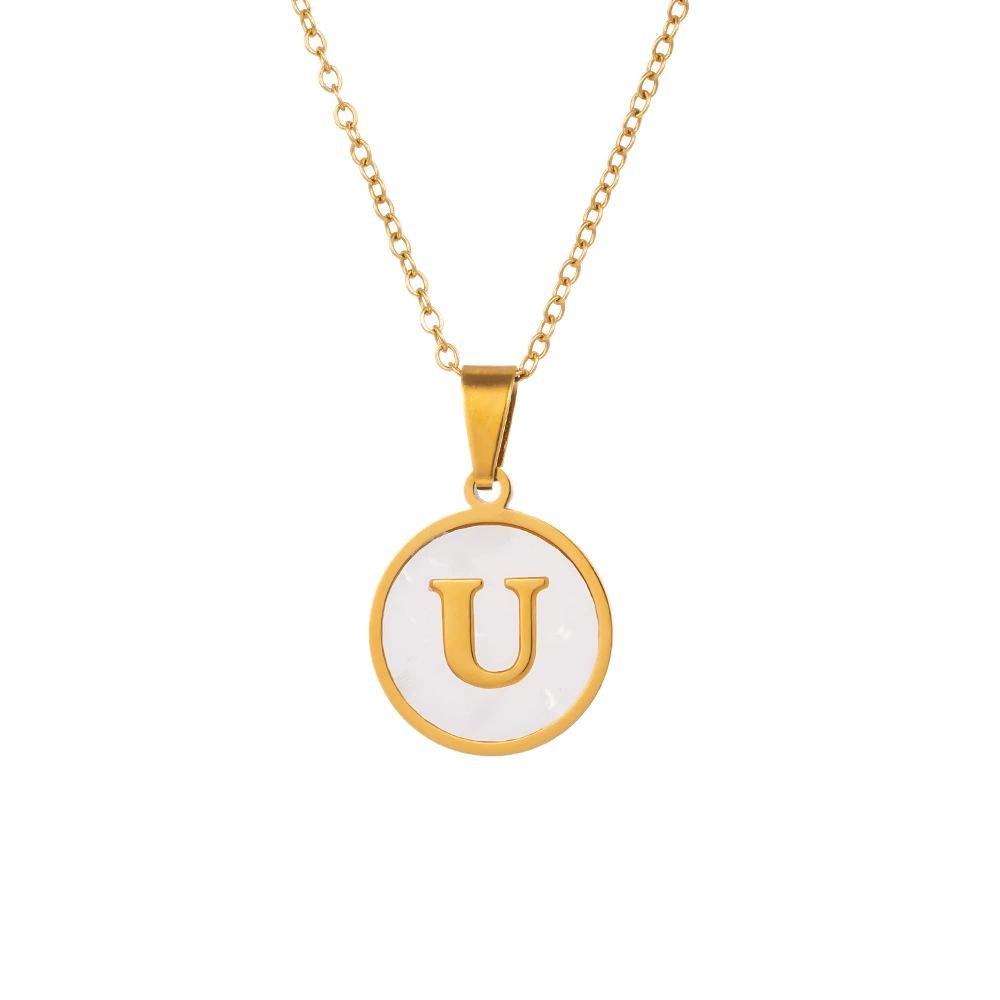 Round Gold Color 26 Letter Necklaces Alphabet Shell Pendant Necklace for Women Men Stainless Steel Chain Jewelry 1PC