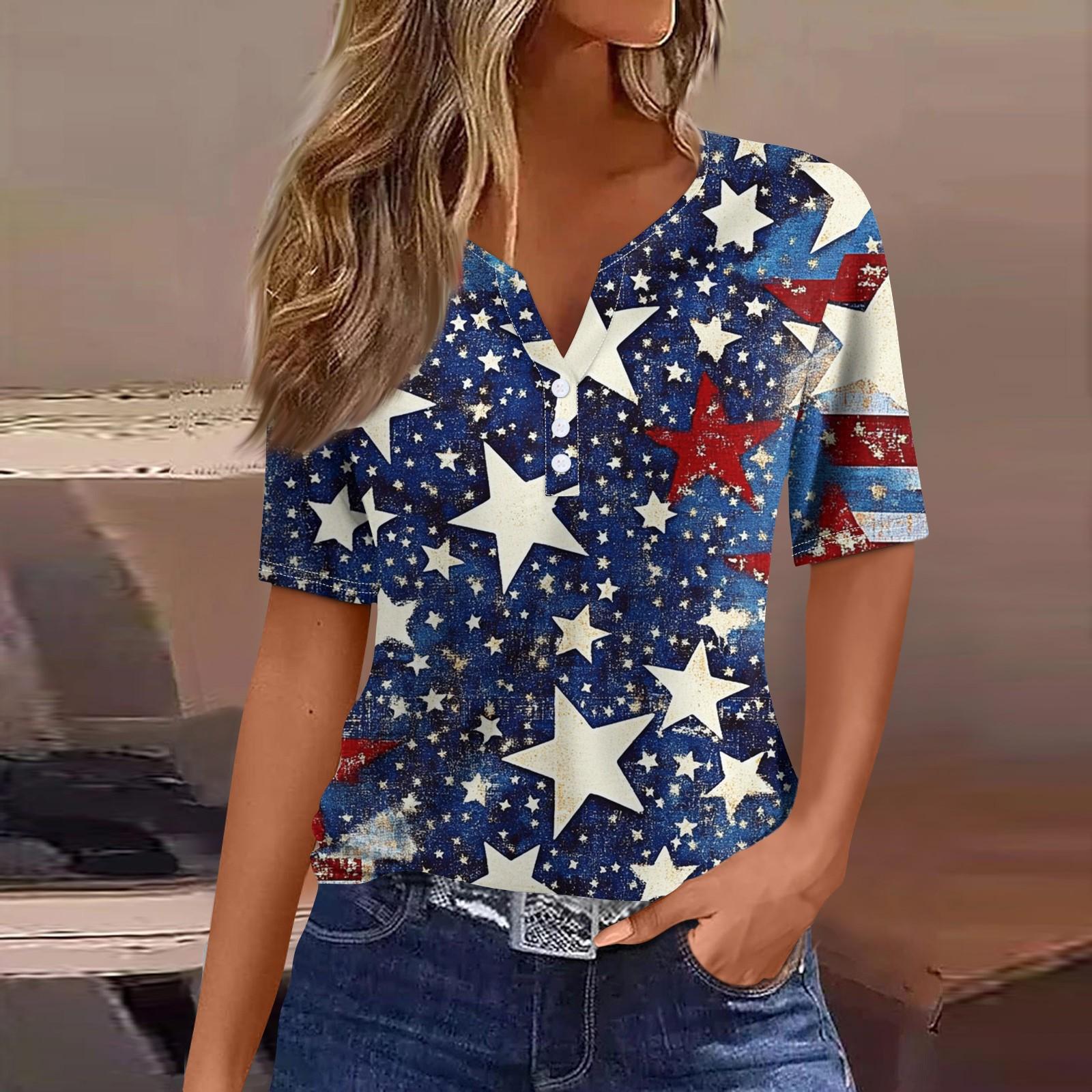 

Жен. Футболка Футболка С принтом Пуговицы С короткими рукавами Повседневные Выходные Мода Классический V-образный вырез Обычный Верх L синий